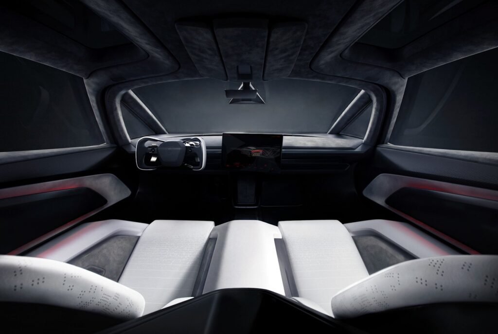 Interior do novo Tesla Roadster visto de trás, com os dois bancos