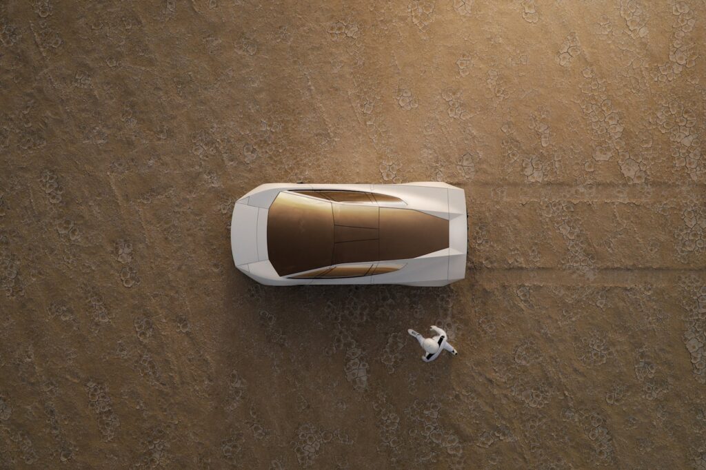 Novo Tesla Roadster visto de cima no deserto